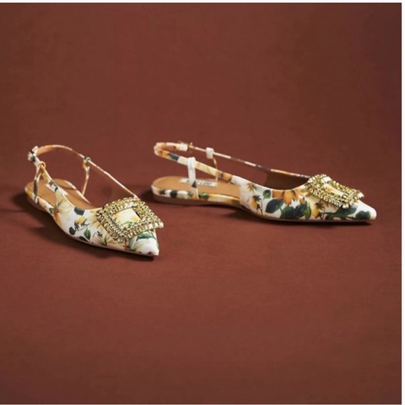 Anthropologie Bibi Lou Floral Pointed Slingback  with Gold Crystal Buckle - Picture 15 of 15